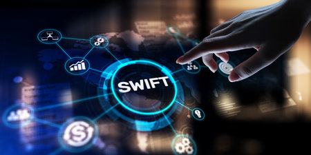 SWIFT Society for Worldwide Interbank Financial Telecommunication, projection on a virtual screen, Business and Technology Concept.の写真素材