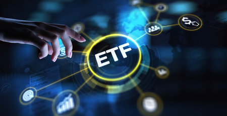 ETF Exchange-Traded Fund Investment Strategy, projection on a virtual screen, Business and Technology Concept.の写真素材
