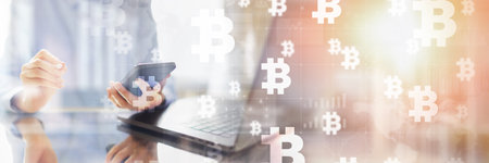 Bitcoin Decentralized Digital Currency and Financial Innovation on a Wide Banner, Business and Technology Concept.の写真素材
