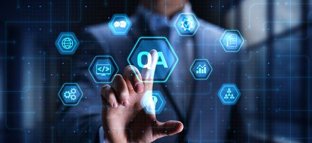 QA Quality Assurance Ensuring Product Excellence, projection on a virtual screen, Business and...