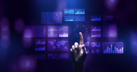 Virtual screen business intelligence dashboard, analytics and big data technology concept.