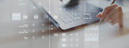 Project Management and Workflow Optimization on a Wide Banner, Business and Technology Concept.
