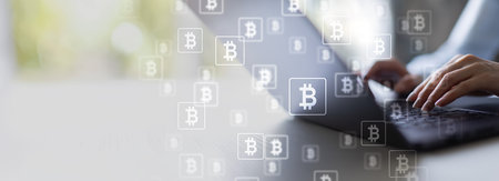 Bitcoin Digital Currency Revolutionizing Financial Systems on a Wide Banner, Business and Technology...