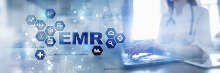 EHR Electronic Health Records and Medical Data Management Illustrated on a Virtual Screen.
