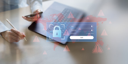 Cybersecurity Login Protection Against Global Threats Illustrated on Virtual Interface.の写真素材