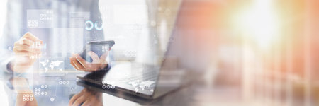 Business Strategy and Data Analytics Insights on a Wide Banner, Business and Technology Concept.の写真素材