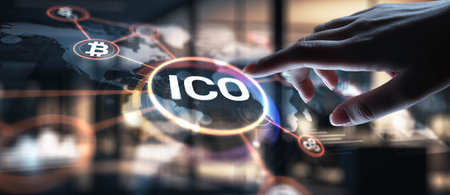 ICO Initial Coin Offering for Blockchain-Based Fundraising, projection on a virtual screen, Business...