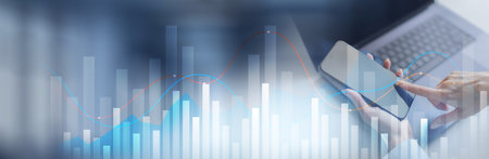 Trading and Market Analysis with Data Visualization on a Wide Banner, Business and Technology Concept.の写真素材