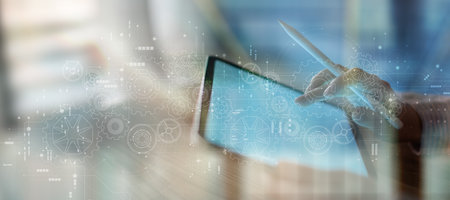 Digital Engineering and Mechanical Design Process Illustrated on a Tablet Interface.の写真素材