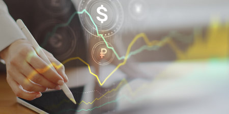 Mobile Digital Finance and Currency Exchange with Real-Time Market Analytics.の写真素材