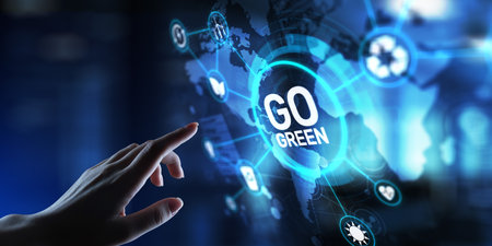 Go Green Promoting Environmental Sustainability and Eco-Friendly Practices, projection on a virtual screen, Business and Technology Concept.の写真素材