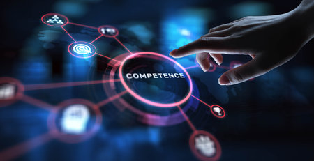 Competence Developing Skills and Expertise, projection on a virtual screen, Business and Technology Concept.の写真素材