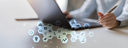 Digital Transformation with Business Process Integration on a Wide Banner, Business and Technology Concept.の写真素材