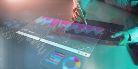 Interactive Data Analytics Dashboard with Business Charts Displayed on Digital Tablet.