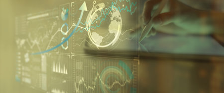 Interactive Global Financial Data Analysis Interface with Graph Trends on Touchscreen.の写真素材
