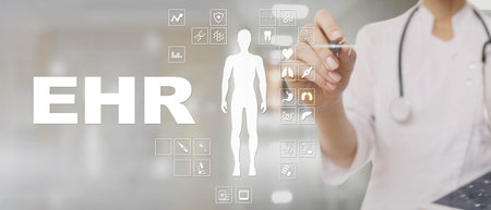 EHR Electronic Health Records and Medical Data Management Illustrated on a Virtual Screen.の写真素材