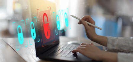 Cybersecurity Threat Detection and Data Protection Visualization on Digital Tablet.