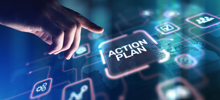 Action Plan Strategic Planning and Goal Setting, projection on a virtual screen, Business and...