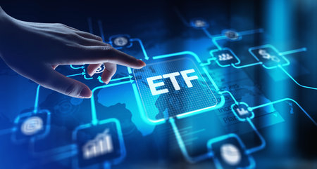 ETF Exchange-Traded Fund Investment Strategy, projection on a virtual screen, Business and Technology Concept.の写真素材