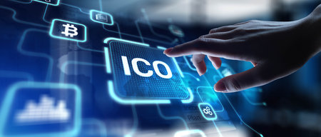 ICO Initial Coin Offering for Blockchain-Based Fundraising, projection on a virtual screen, Business and Technology Concept.の写真素材