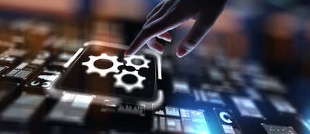 Gears as Automation Concept Enhancing Process and Efficiency, projection on a virtual screen, Business and Technology Concept.の写真素材