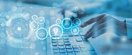 Artificial Intelligence and Automation Workflow System Illustrated on a Digital Tablet Interface.