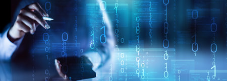 Binary Code and Digital Data Streams Displayed on Futuristic Transparent Interface.