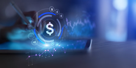 Digital Finance and Currency Exchange Innovation on Tablet Interface.の写真素材