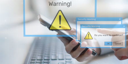Security Warning Notifications Displayed on Digital Interface with Risk Alert Symbols.の写真素材