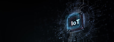 IoT Connecting Devices for Smarter Living Illustrated on a Processor Touched by a Human Hand.の写真素材