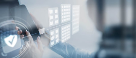 Cybersecurity and Data Protection in Digital Workflows on a Wide Banner, Business and Technology Concept.の写真素材