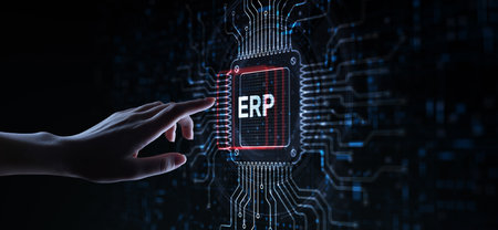 ERP Streamlining Business Processes Illustrated on a Processor Touched by a Human Hand.の写真素材