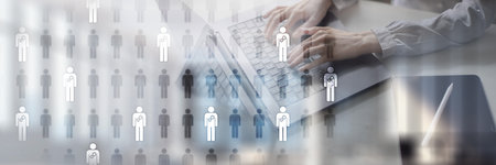 Human Resources, HR Recruitment, and Employee Management with Digital Tools on a Wide Banner, Business and Technology Concept.の写真素材