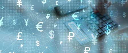 Global Currency Symbols Network Interface on Digital Tablet in Financial Technology Environment.の写真素材