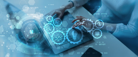Artificial Intelligence and Automation Workflow System Illustrated on a Digital Tablet Interface.の写真素材