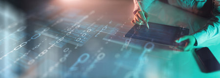 Binary Code and Digital Data Streams Displayed on Futuristic Transparent Interface.の写真素材