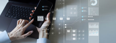 Project Management and Workflow Optimization on a Wide Banner, Business and Technology Concept.の写真素材