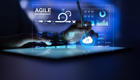 AGILE development dashboard illustrating sprint workflow task stages and cloud integration.の写真素材