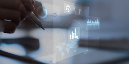 Interactive Business Analytics Dashboard Displayed on a Digital Tablet Interface.