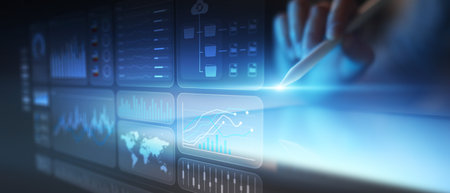 Interactive Digital Data Dashboard for Business Analytics and Smart Visualization on Tablet Screen.