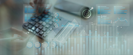 Business Data Analytics and KPI Performance Tracking Dashboard on Digital Tablet Interface.