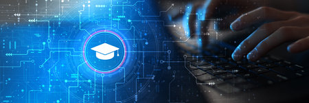 E-learning and Digital Education Platform Illustrated on Futuristic Interface.