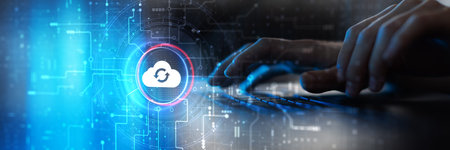 Cloud Computing and Data Synchronization Technology Illustrated on Futuristic Digital Interface.