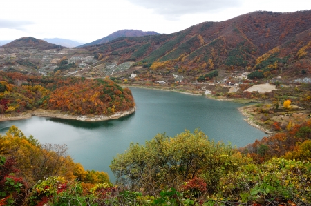Danyangeup is flowing through the autumn landscape is Namhangang river の写真素材