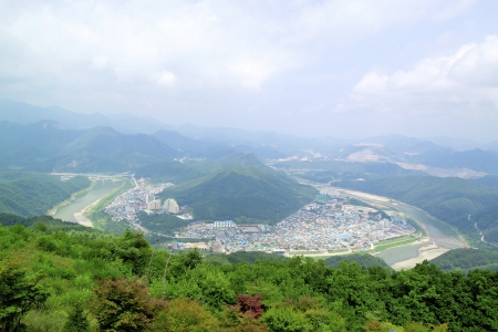 Yangbaeksan Mountain from the observation deck is the image of the town Danyang.の写真素材