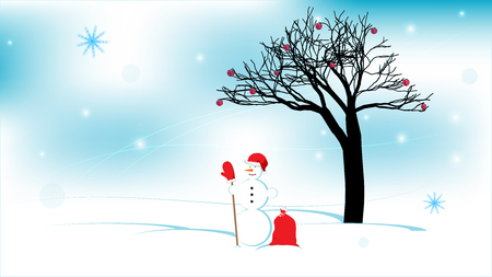 Winter apple tree, snowman, apples. Abstract winter background. Vectorのイラスト素材