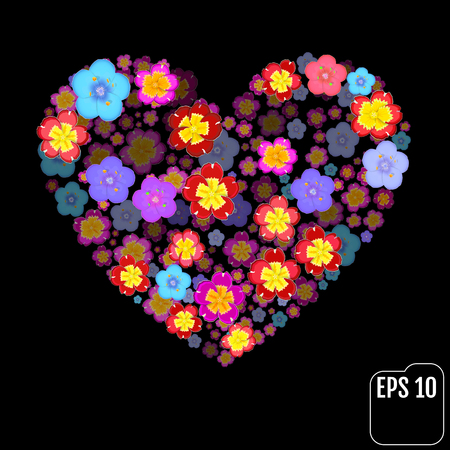Valentines Day Heart Made of Primula and Primroses Isolated on Black Background. 3d effectのイラスト素材