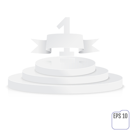 Stage for awards ceremony. White round podium. First place. Winner, number one background. Pedestal. 3D. Scene.  Three-level podium. Vector illustration.のイラスト素材