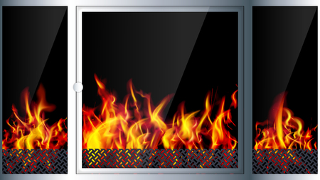 Modern realistic Hi-tech fireplace made of modern materials with a burning flame inside. Realistic flames and sparks.3D effect. Vector illustration.のイラスト素材