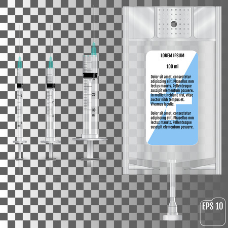Realistic Intravenous fluid and syringes. Vector illustrationのイラスト素材